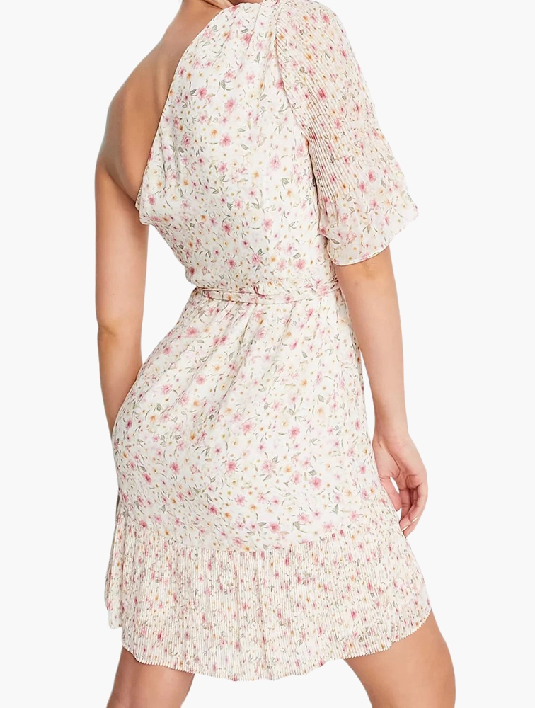 Forever New asymmetric pleat mini dress in blush ditsy floral