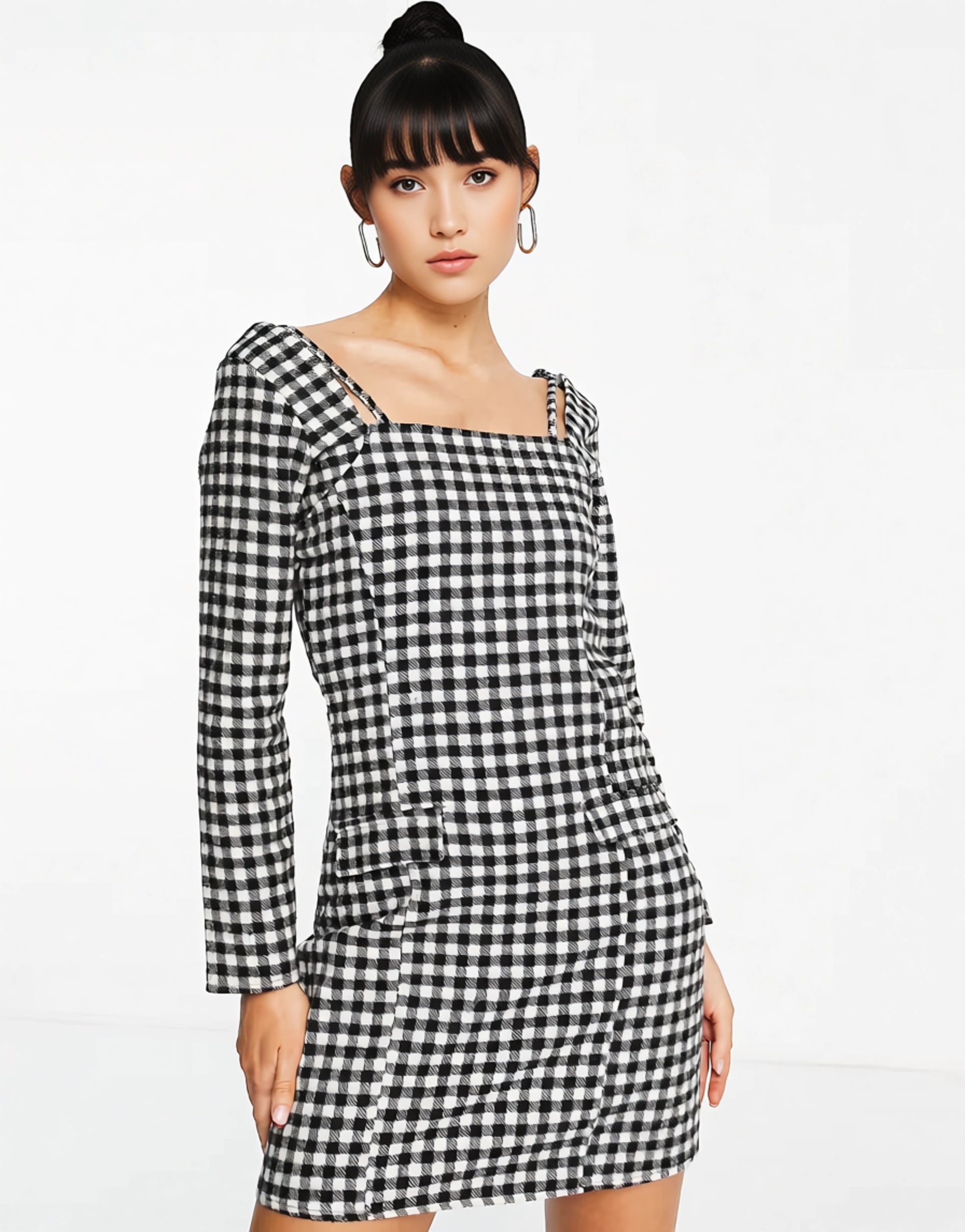 Womens Trendyol Checked Mini Dress With Long Sleeves