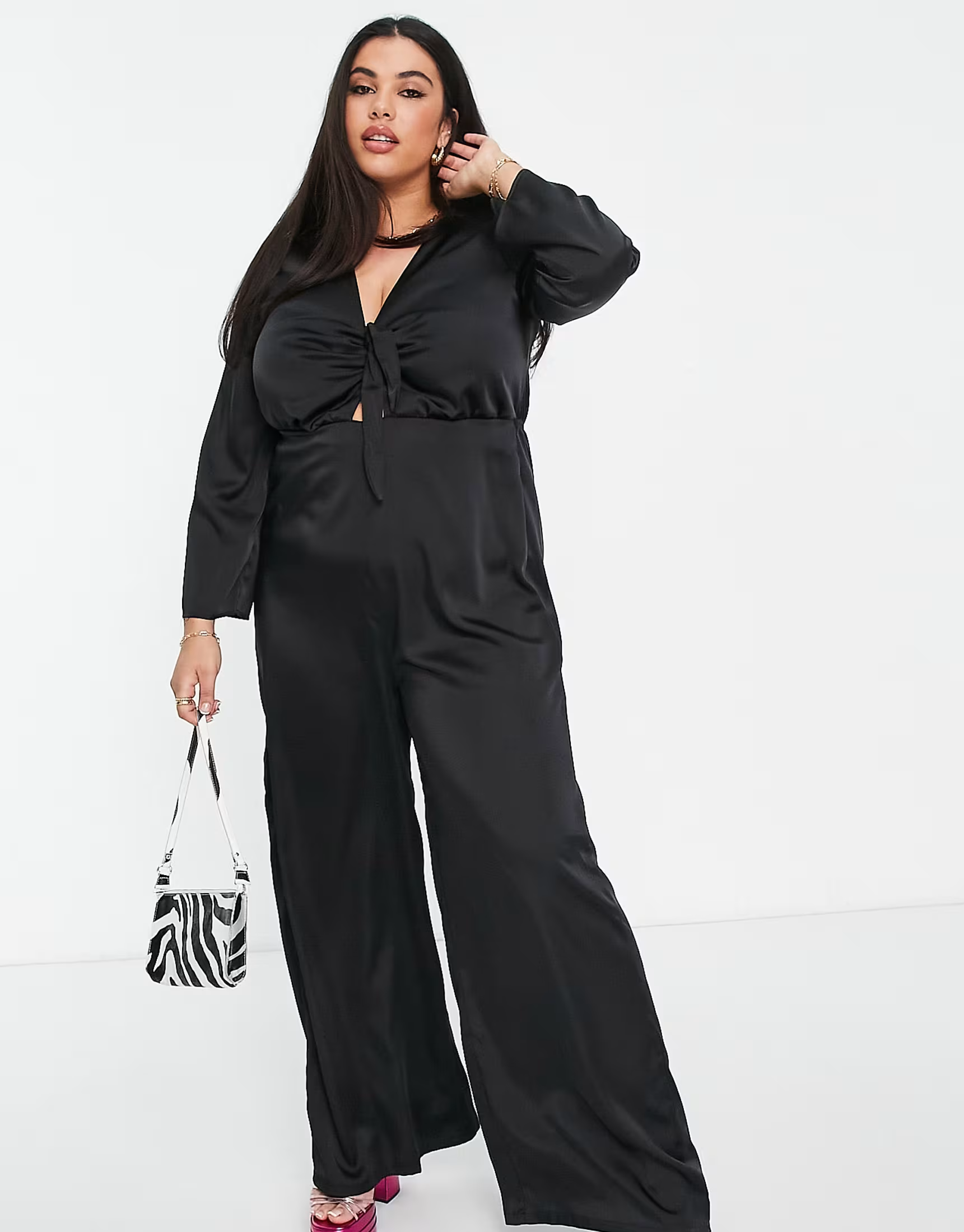 Flounce London Plus Womens Tie Front Jumpsuit in Black Satin In Black
