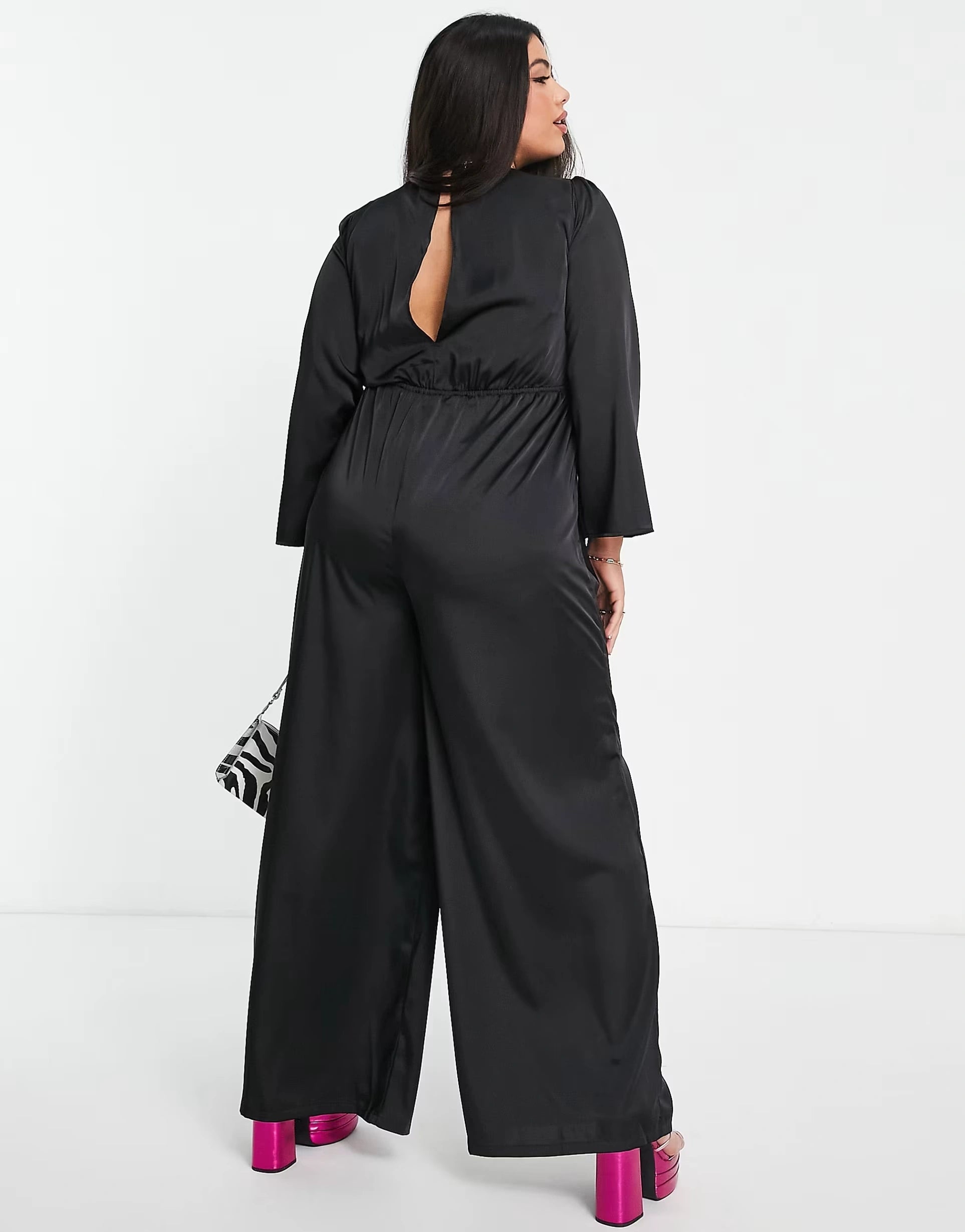 Flounce London Plus Womens Tie Front Jumpsuit in Black Satin In Black