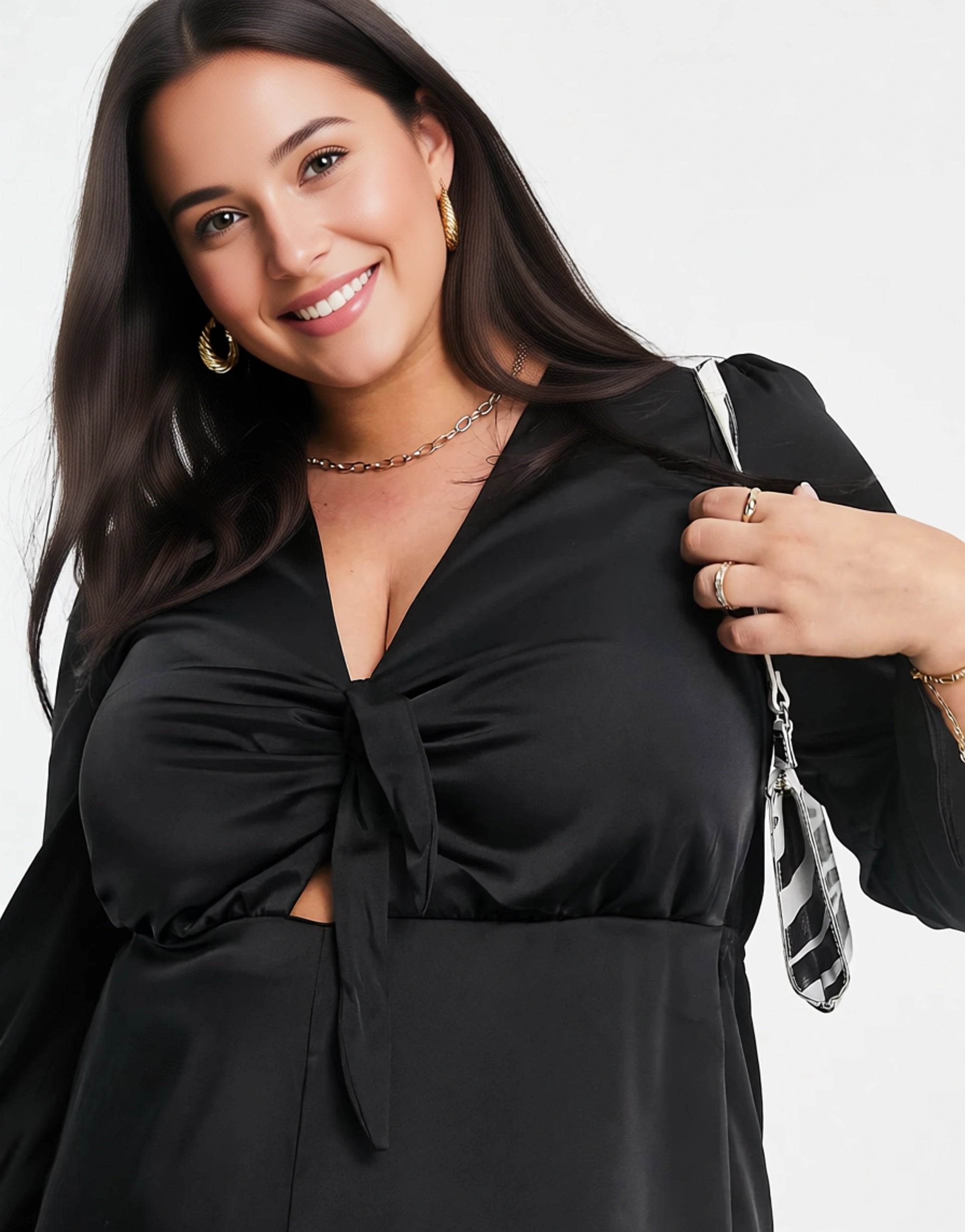 Flounce London Plus Womens Tie Front Jumpsuit in Black Satin In Black