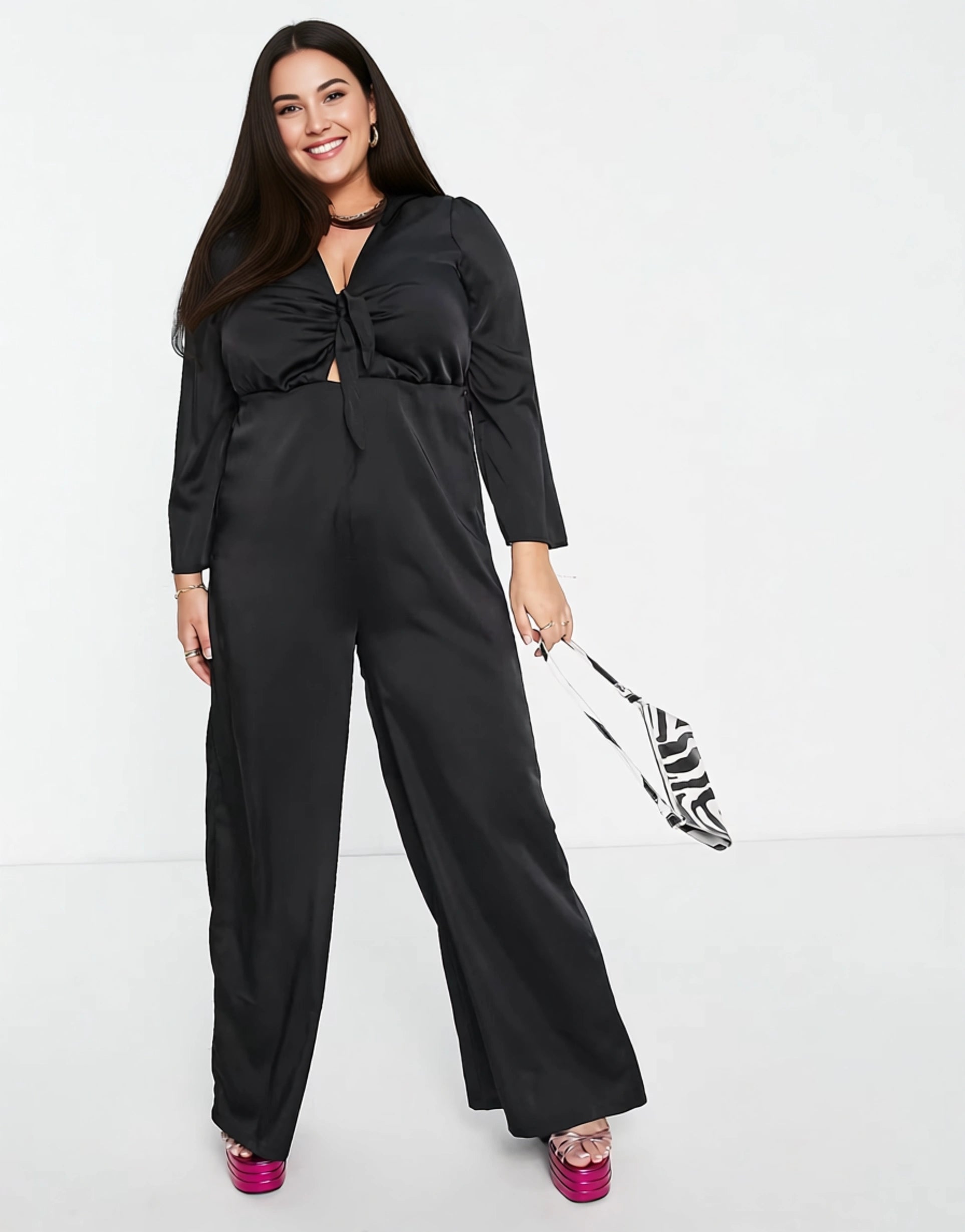 Flounce London Plus Womens Tie Front Jumpsuit in Black Satin In Black