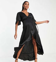 Flounce London Maternity Womens Wrap Front Midi Dress With Flutter Sleeves in Black Satin