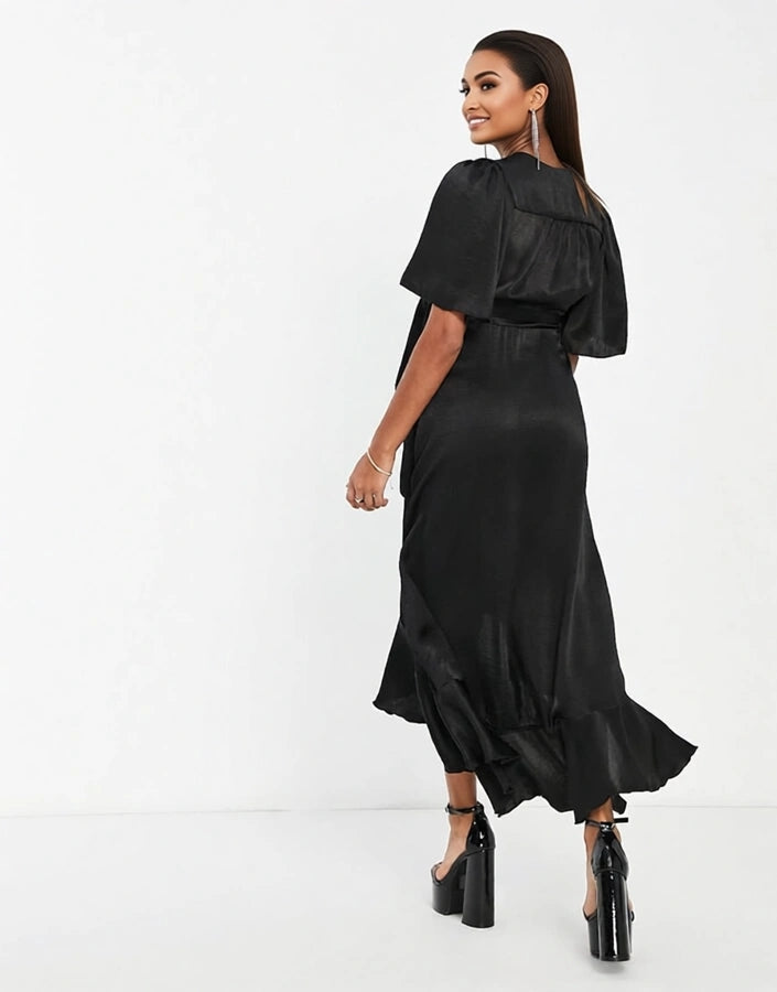 Flounce London Maternity Womens Wrap Front Midi Dress With Flutter Sleeves in Black Satin