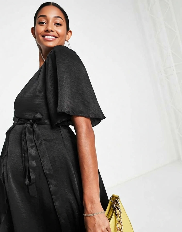 Flounce London Maternity Womens Wrap Front Midi Dress With Flutter Sleeves in Black Satin