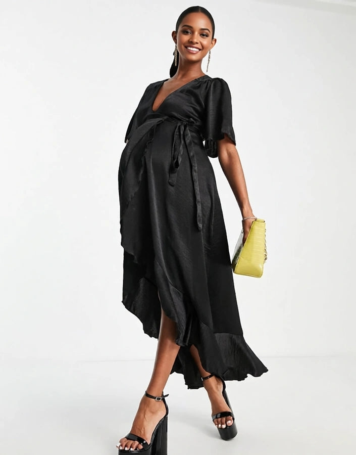 Flounce London Maternity Womens Wrap Front Midi Dress With Flutter Sleeves in Black Satin