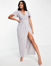 TFNC Womens Bridesmaid Chiffon Wrap Front Maxi Dress With Flutter Sleeve In Grey