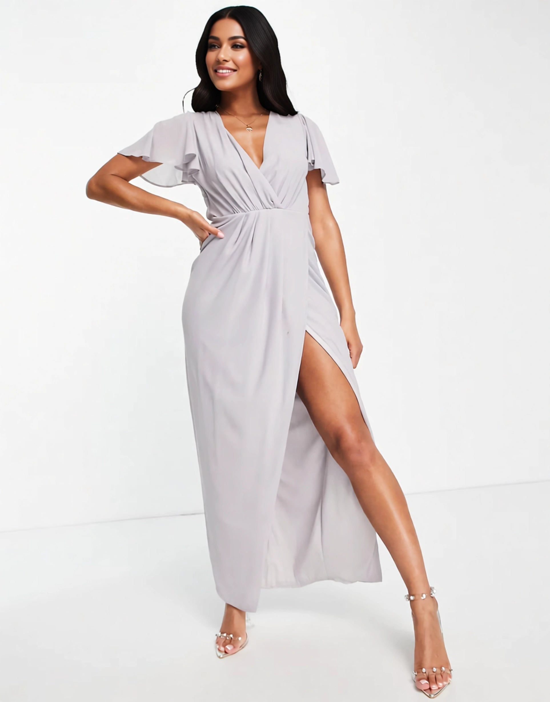 TFNC Womens Bridesmaid Chiffon Wrap Front Maxi Dress With Flutter Sleeve In Grey