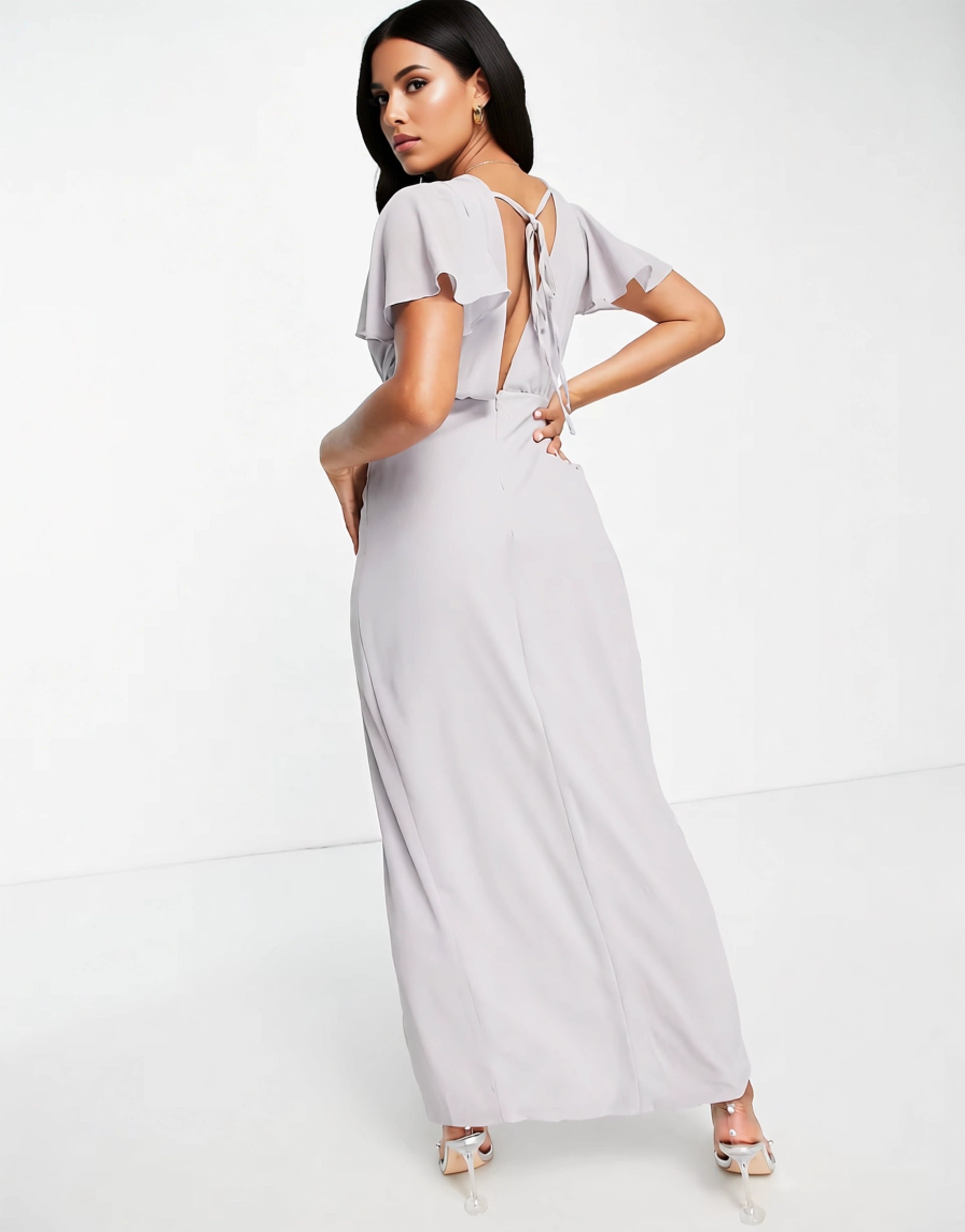 TFNC Womens Bridesmaid Chiffon Wrap Front Maxi Dress With Flutter Sleeve In Grey