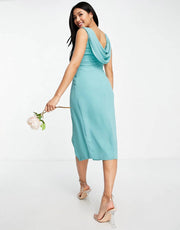 Womens Tfnc Bridesmaid Chiffon Wrap Midi Dress With Cowl Neck Front And Back Sea Blue