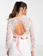 TFNC Womens Bridesmaid Lace Top With Scalloped Back And Tie Back in Whisper Pink