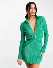 Womens Missyempire Plisse Wrap Front Long Sleeve Mini Dress In Green