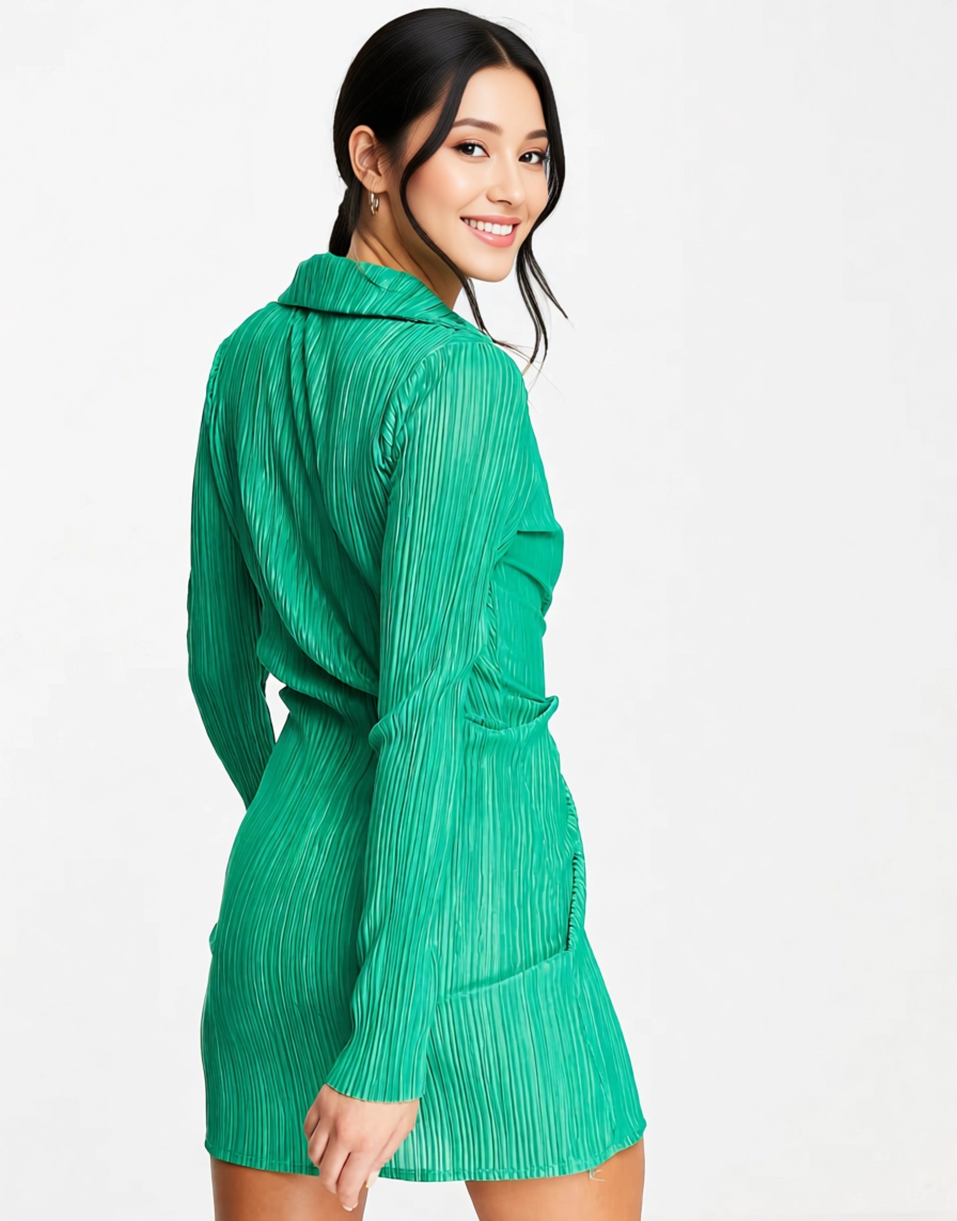 Womens Missyempire Plisse Wrap Front Long Sleeve Mini Dress In Green