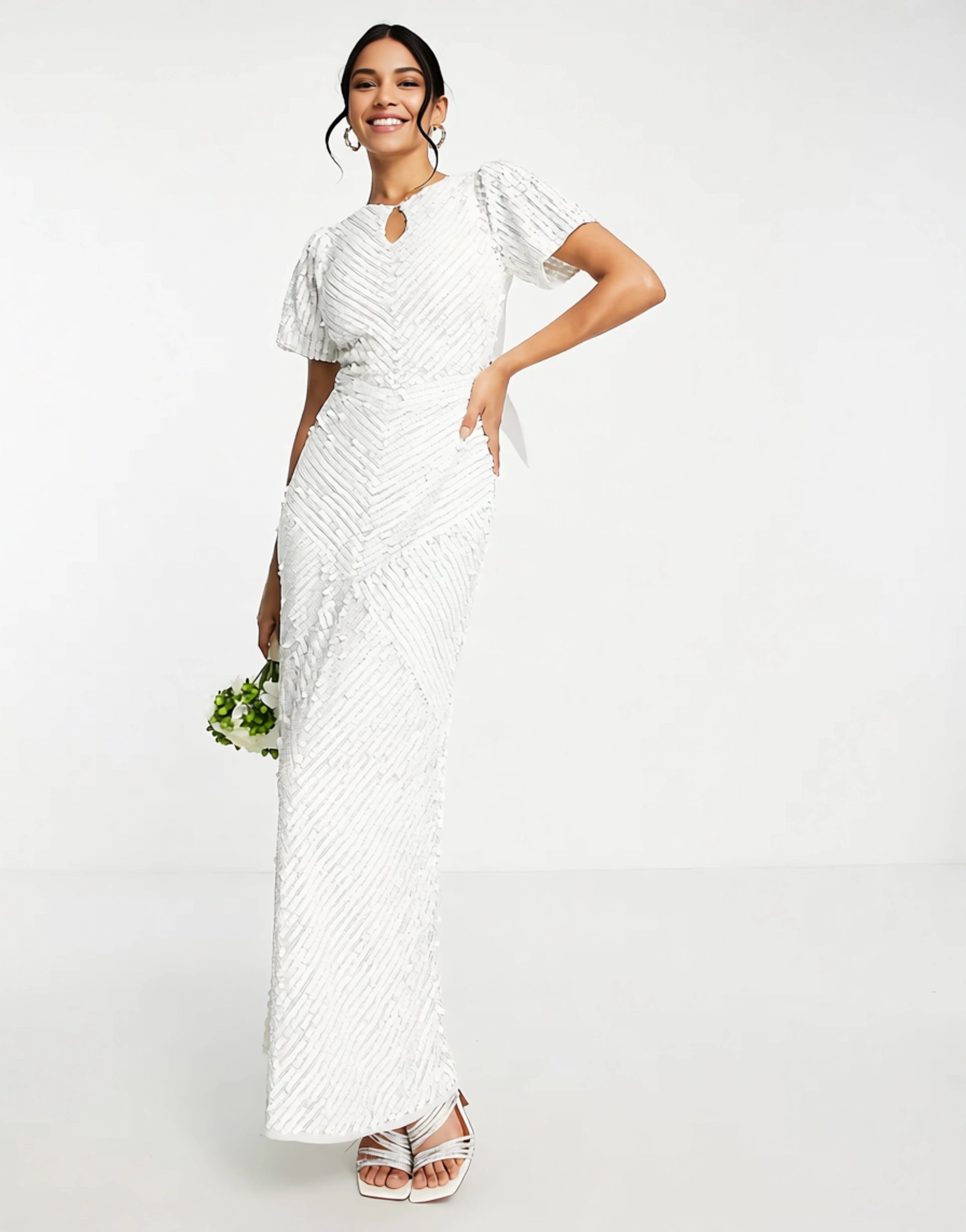 Beauut Women's Bridal Placement Beaded Maxi Dress With Big Bow Back In White