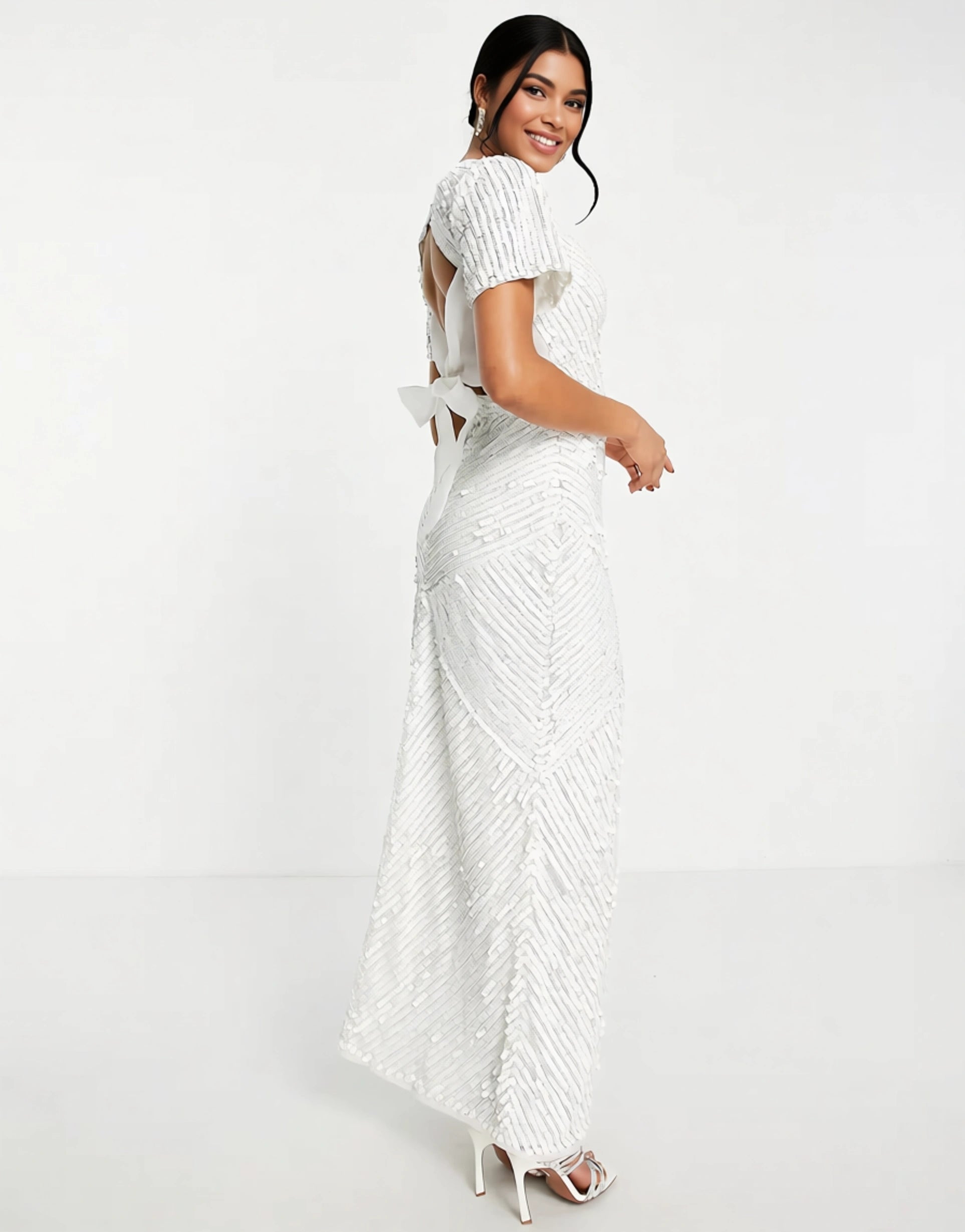 Beauut Women's Bridal Placement Beaded Maxi Dress With Big Bow Back In White