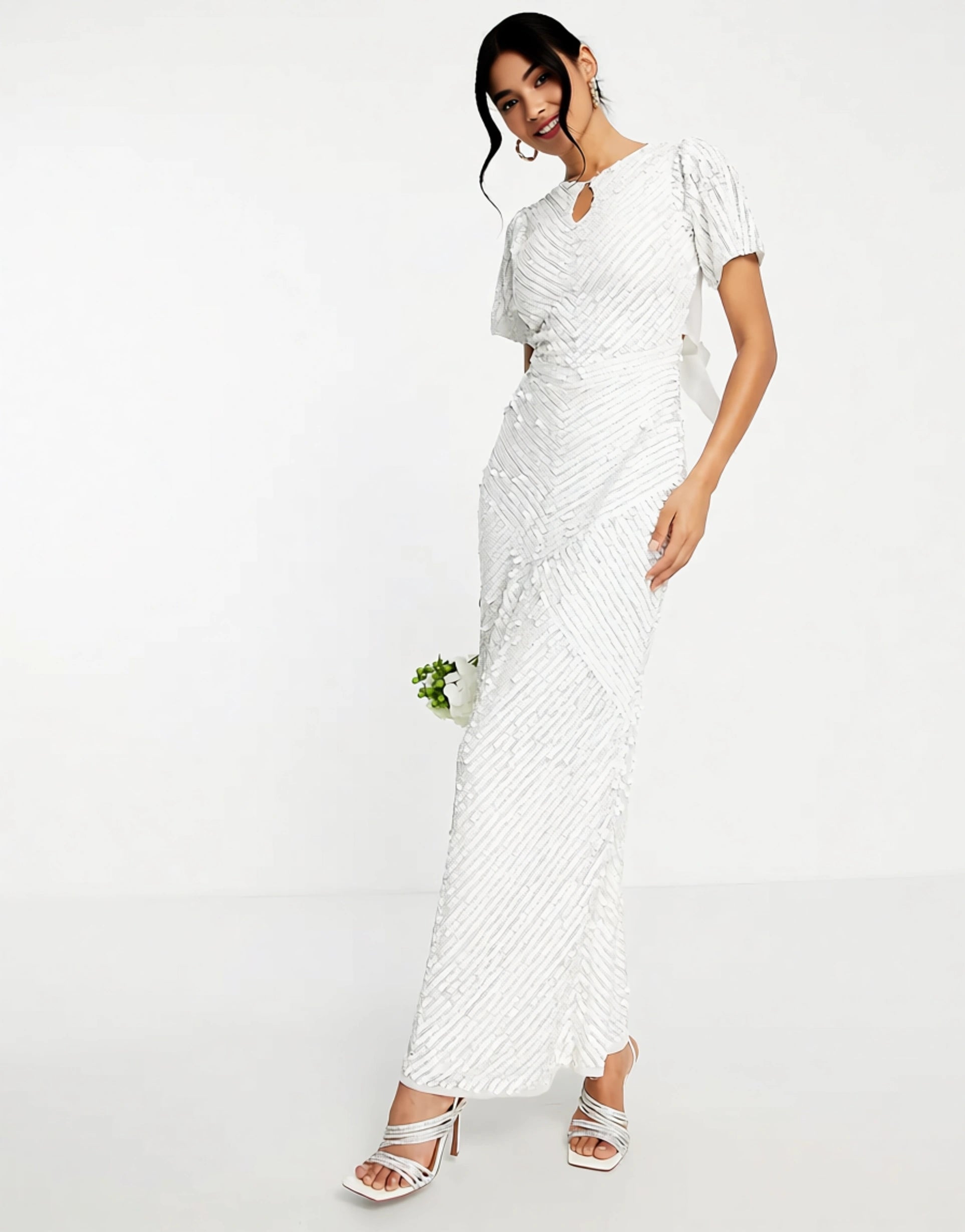 Beauut Women's Bridal Placement Beaded Maxi Dress With Big Bow Back In White