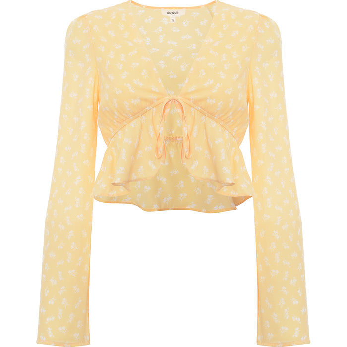 The Frolic Women's Marigold Floral Bell Sleeve Cropped Blouse