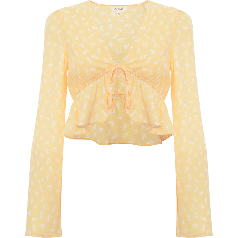 The Frolic Women's Marigold Floral Bell Sleeve Cropped Blouse