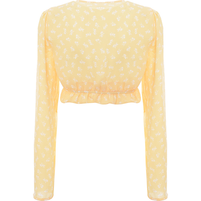 The Frolic Women's Marigold Floral Bell Sleeve Cropped Blouse