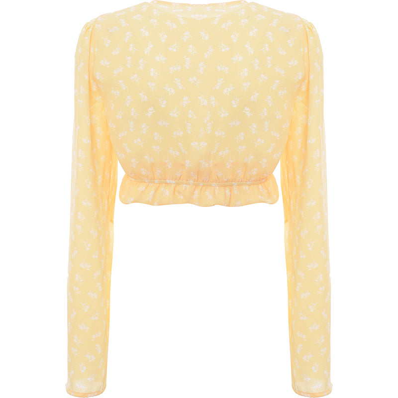 The Frolic Women's Marigold Floral Bell Sleeve Cropped Blouse