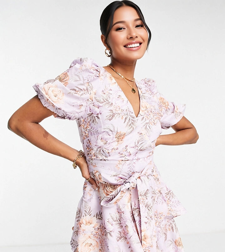 Womens Forever New Petite Puff Sleeve Tiered Mini Dress In Lilac Floral