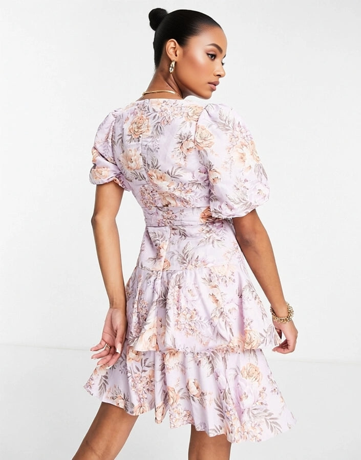 Womens Forever New Petite Puff Sleeve Tiered Mini Dress In Lilac Floral