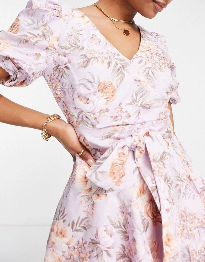 Womens Forever New Petite Puff Sleeve Tiered Mini Dress In Lilac Floral