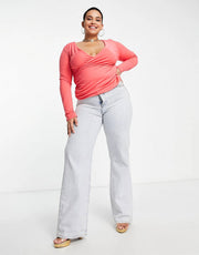 Public Desire Curve Womens Double Layer Slinky Long Sleeve Crop Top in Coral