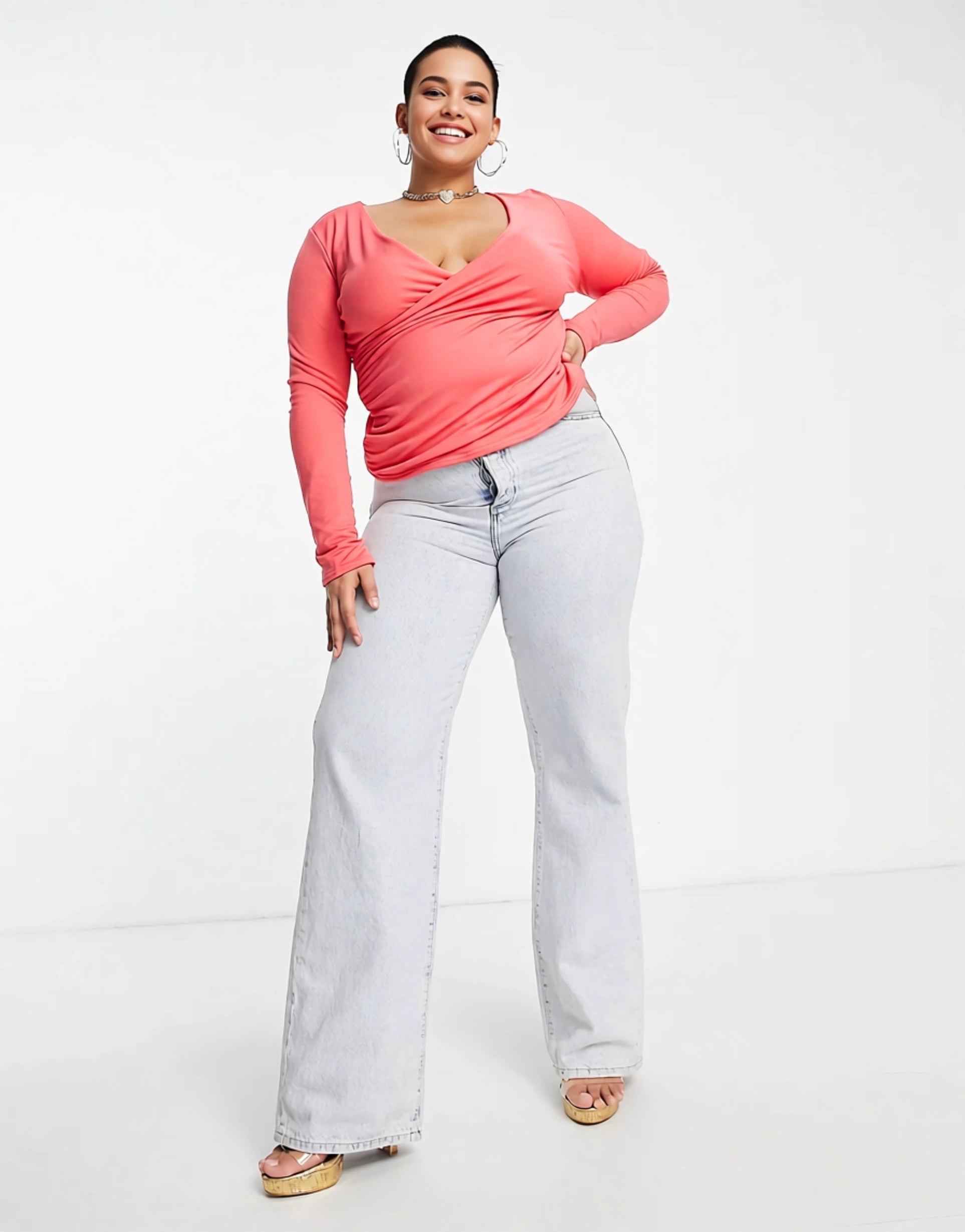 Public Desire Curve Womens Double Layer Slinky Long Sleeve Crop Top in Coral