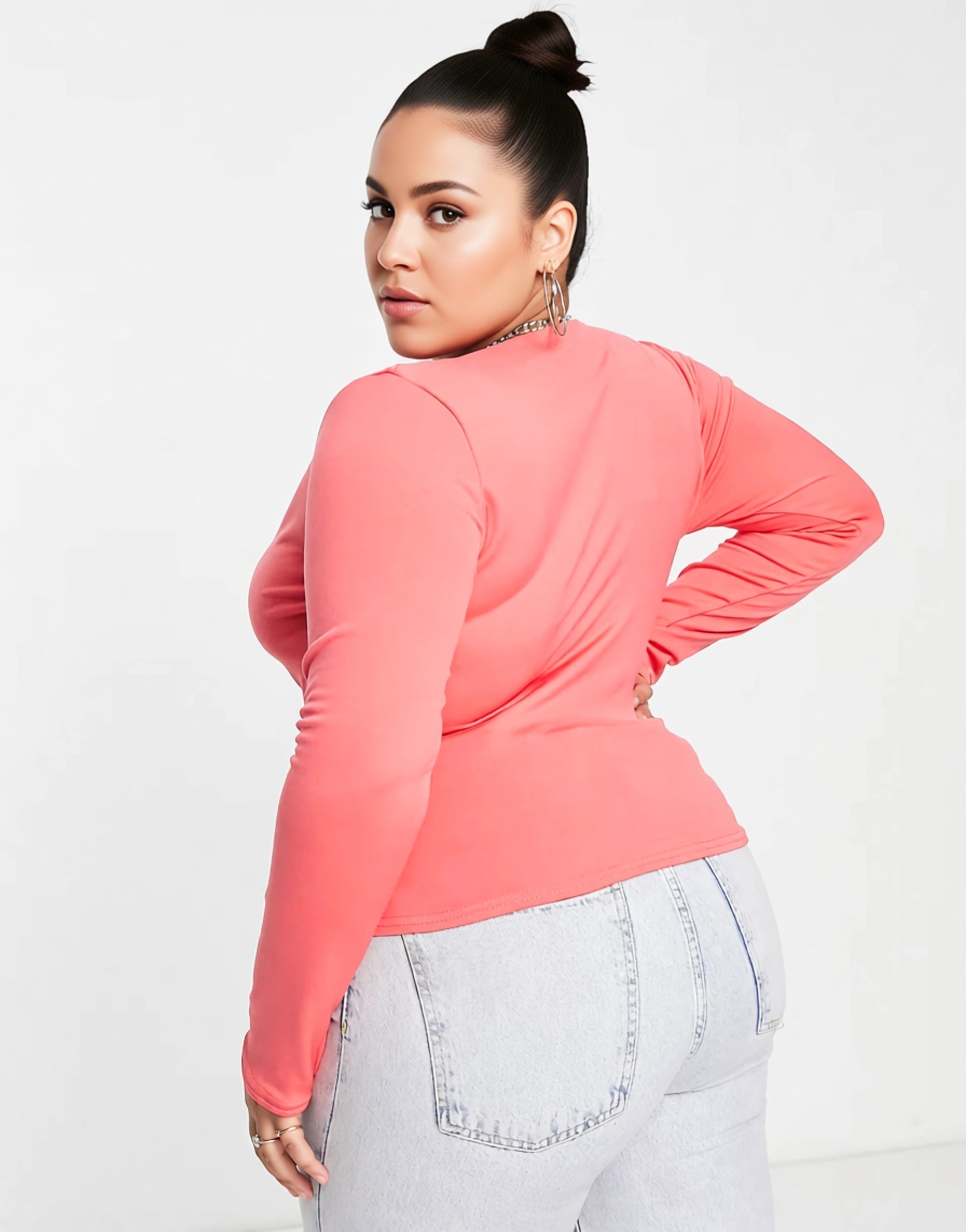 Public Desire Curve Womens Double Layer Slinky Long Sleeve Crop Top in Coral