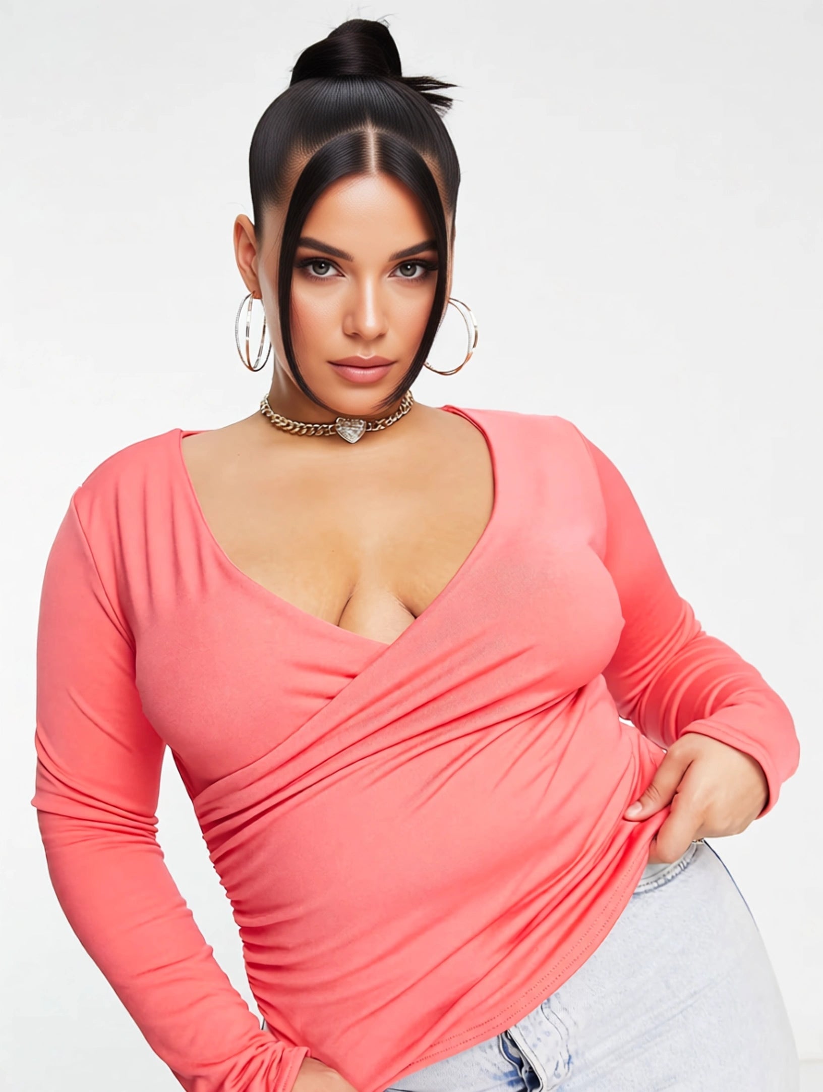 Public Desire Curve Womens Double Layer Slinky Long Sleeve Crop Top in Coral