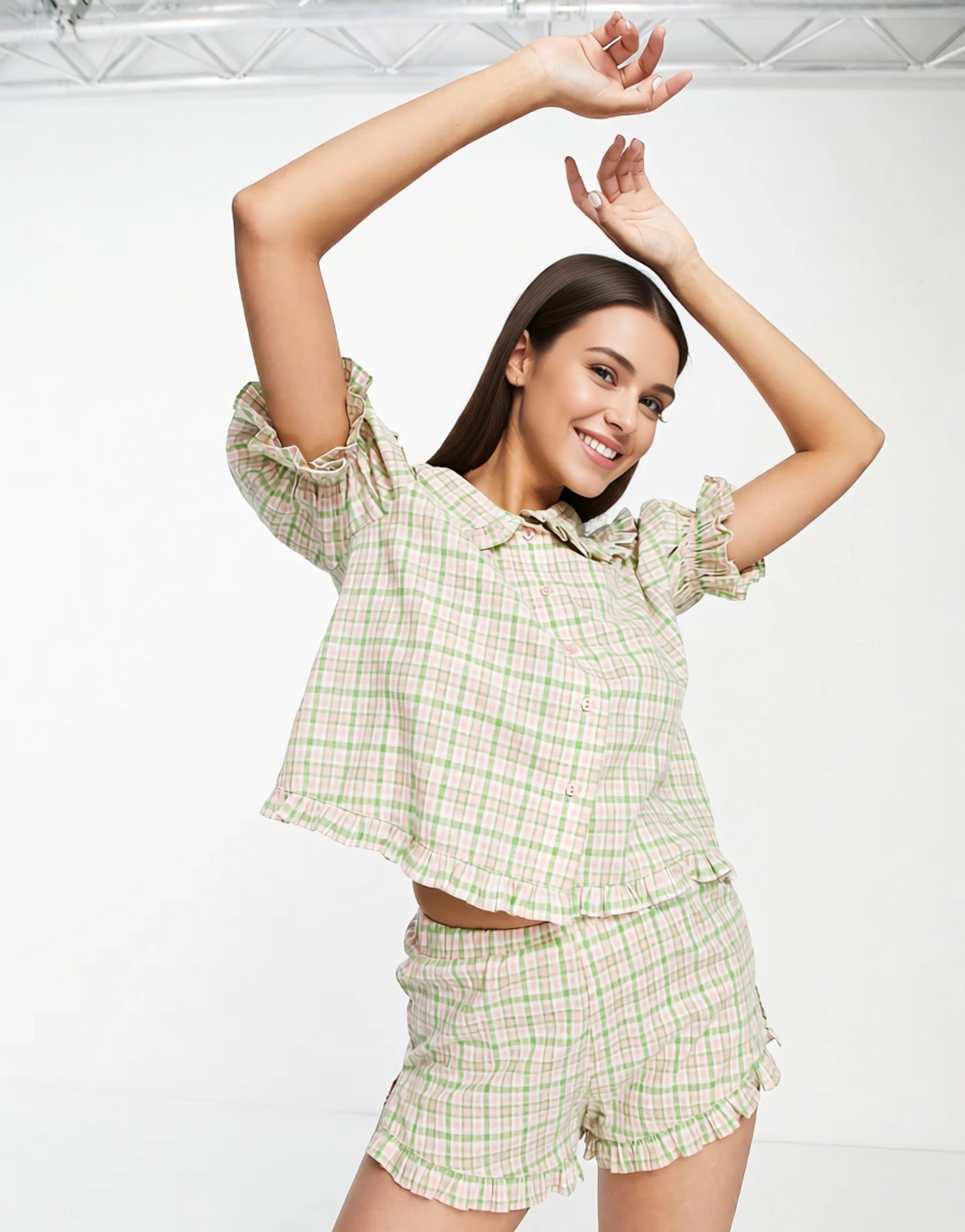 Lost Ink Womens Frilly Collar Button Front Top And Short Set in Pink And Green Check Print