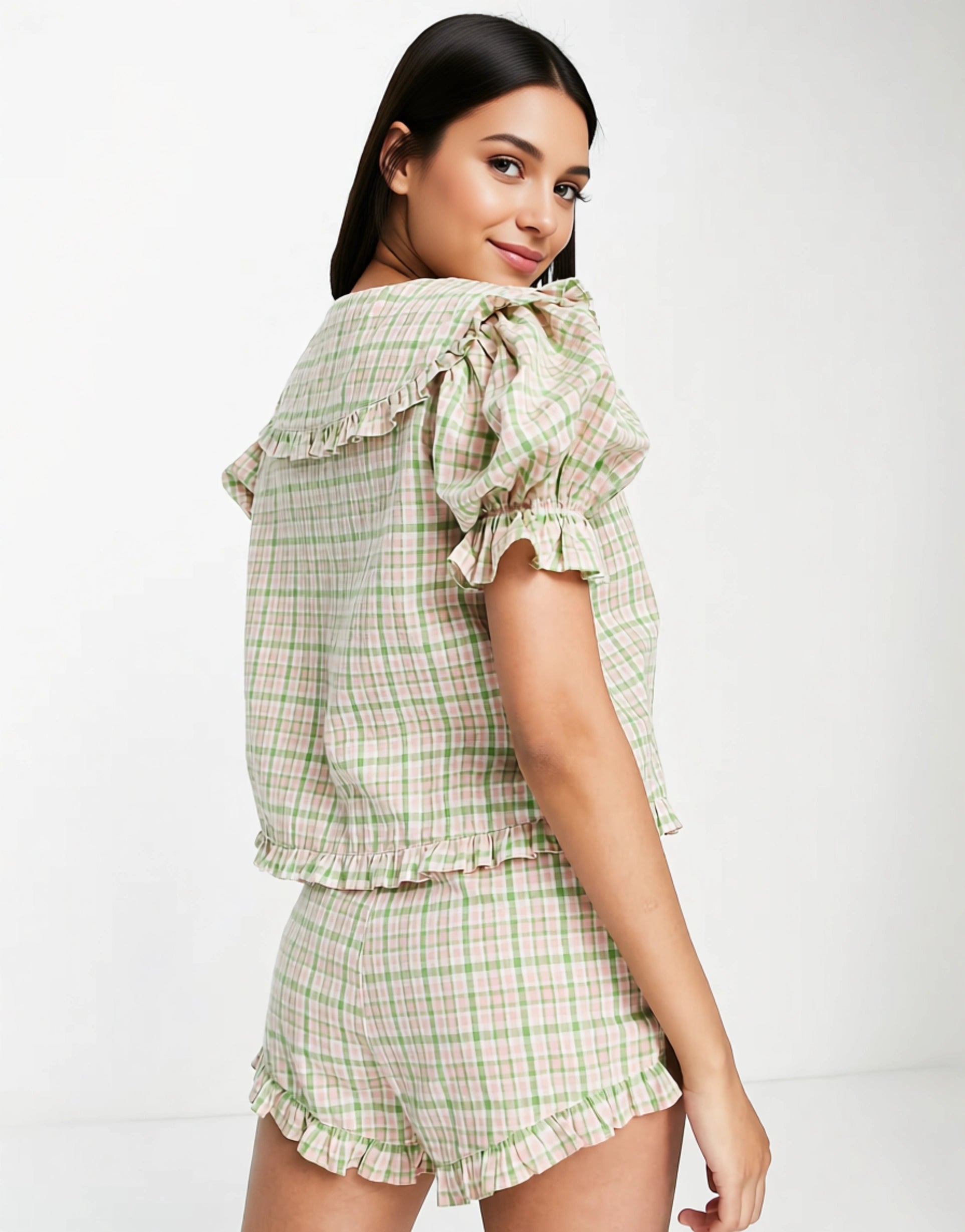 Lost Ink Womens Frilly Collar Button Front Top And Short Set in Pink And Green Check Print