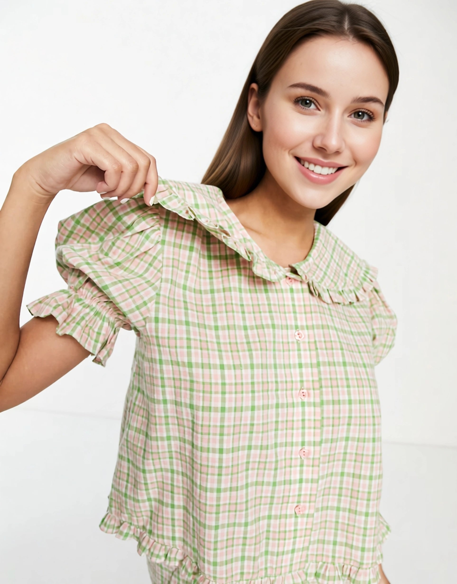 Lost Ink Womens Frilly Collar Button Front Top And Short Set in Pink And Green Check Print