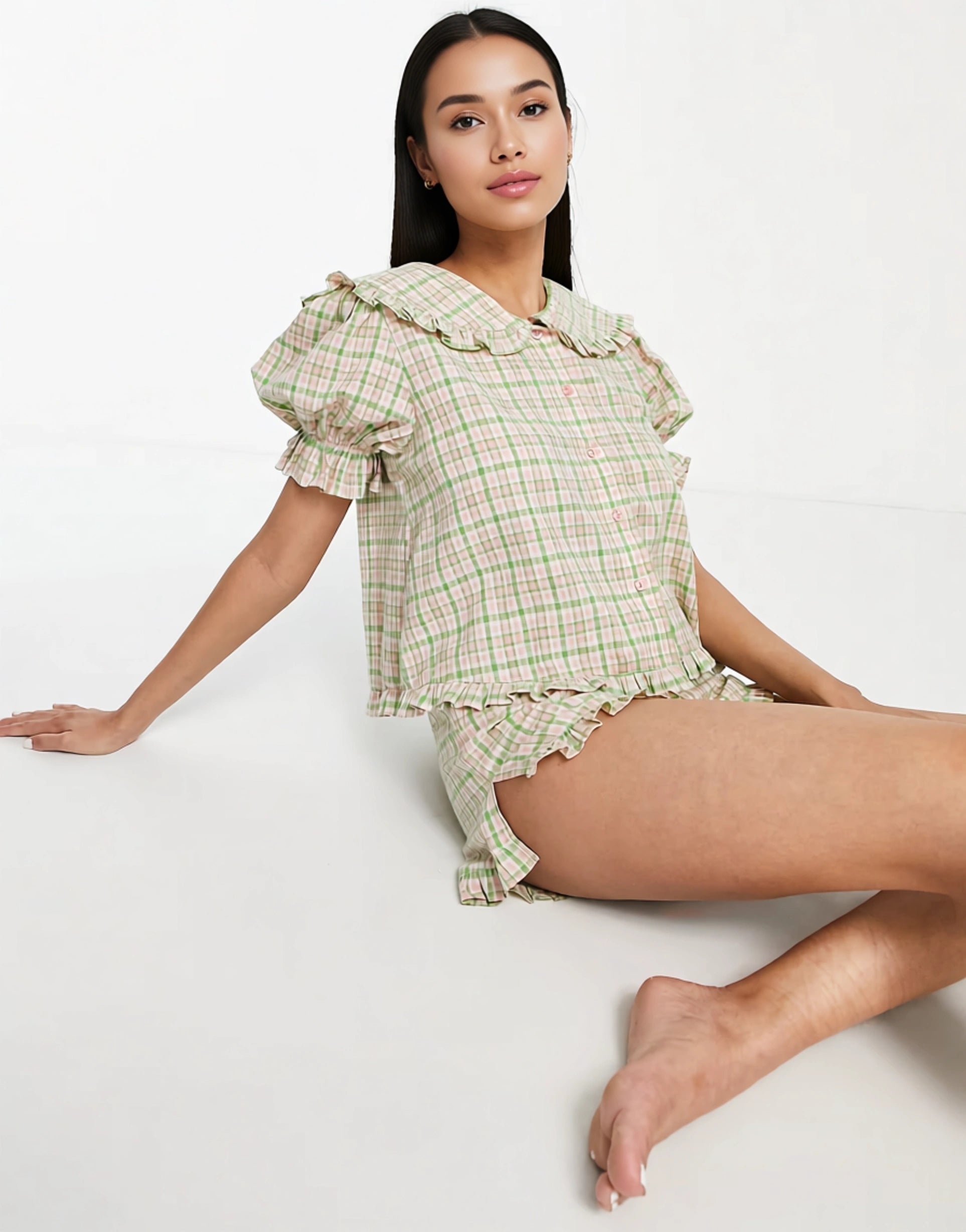 Lost Ink Womens Frilly Collar Button Front Top And Short Set in Pink And Green Check Print
