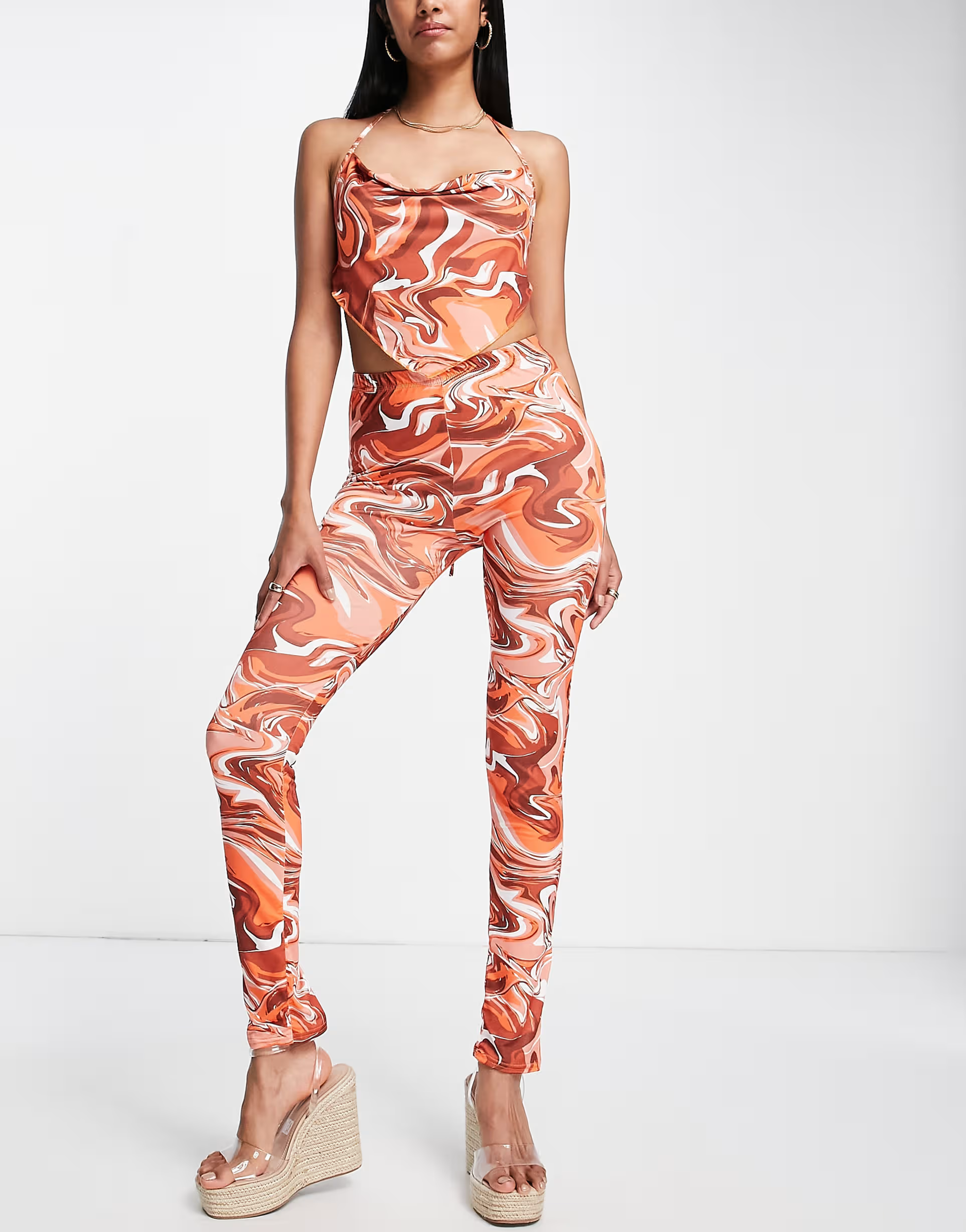 Parisian Womens Cami Top And Trouser Set in Marble Print
