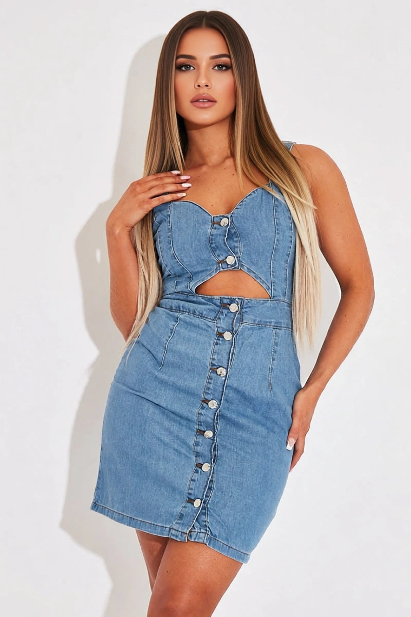 Rebellious Fashion Women's Cut Out Button Front Denim Mini Dress in Mid Blue In Blue