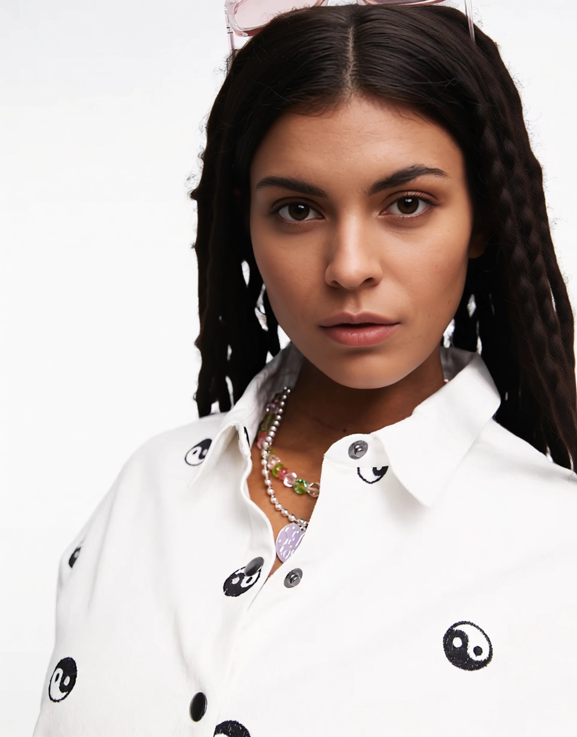 Native Youth Women's Oversized Denim Shirt With Ying Yang Embroidery In White