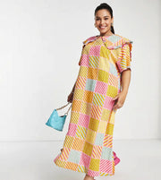Native Youth Womens Maxi Dress With Pleated Collar in Textured Check In Multi
