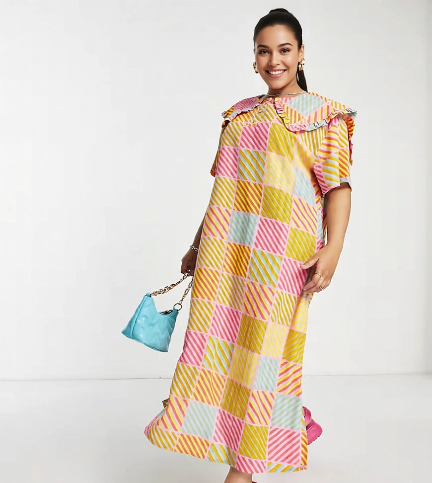 Native Youth Womens Maxi Dress With Pleated Collar in Textured Check In Multi