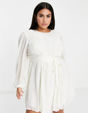 Forever New Curve Womens Tie Waist Mini Dress in Ivory In White