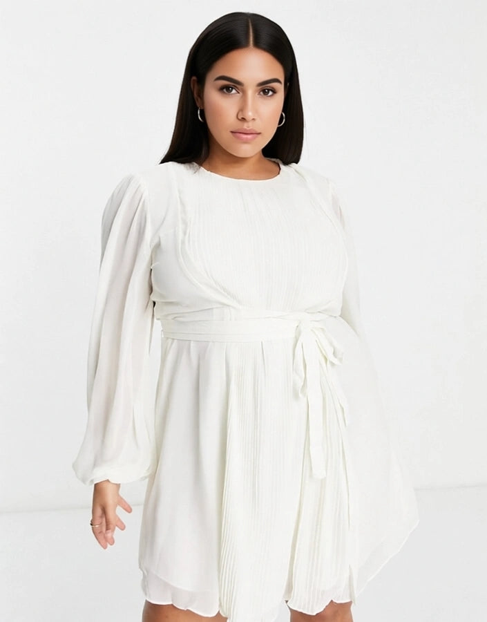 Forever New Curve Womens Tie Waist Mini Dress in Ivory In White