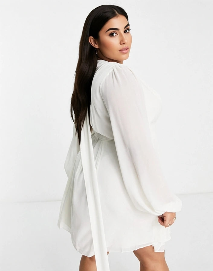Forever New Curve Womens Tie Waist Mini Dress in Ivory In White