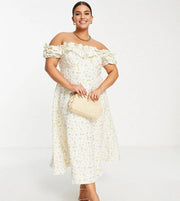 Forever New Women's Curve Bardot Frill Midi Dress in Lemon Ditsy Floral In Yellow