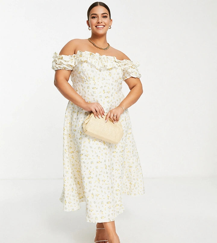 Forever New Women's Curve Bardot Frill Midi Dress in Lemon Ditsy Floral In Yellow