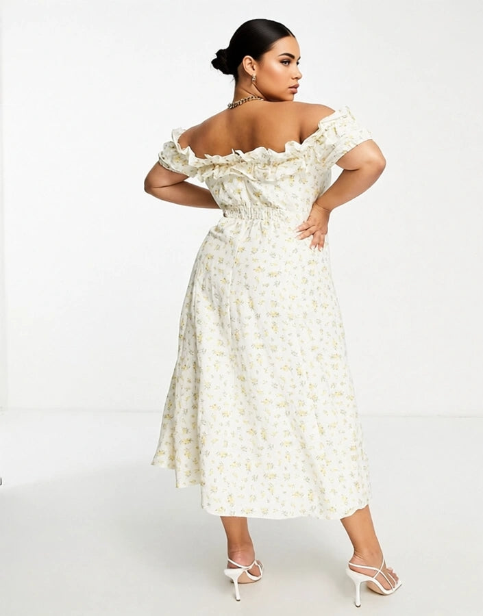 Forever New Women's Curve Bardot Frill Midi Dress in Lemon Ditsy Floral In Yellow
