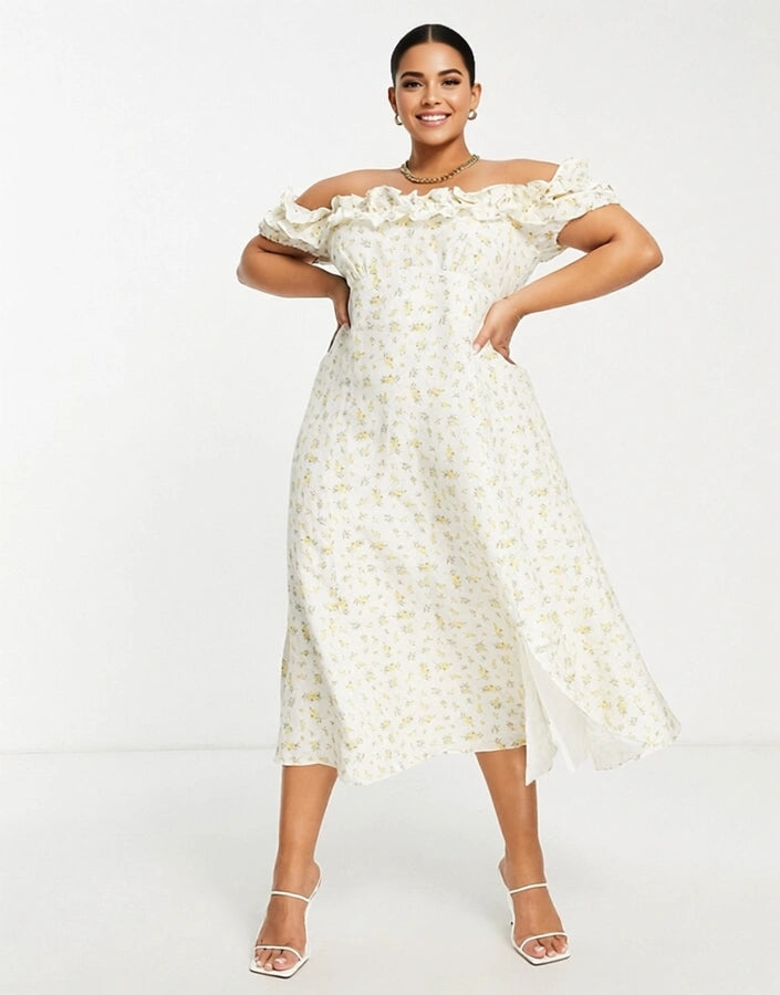 Forever New Women's Curve Bardot Frill Midi Dress in Lemon Ditsy Floral In Yellow