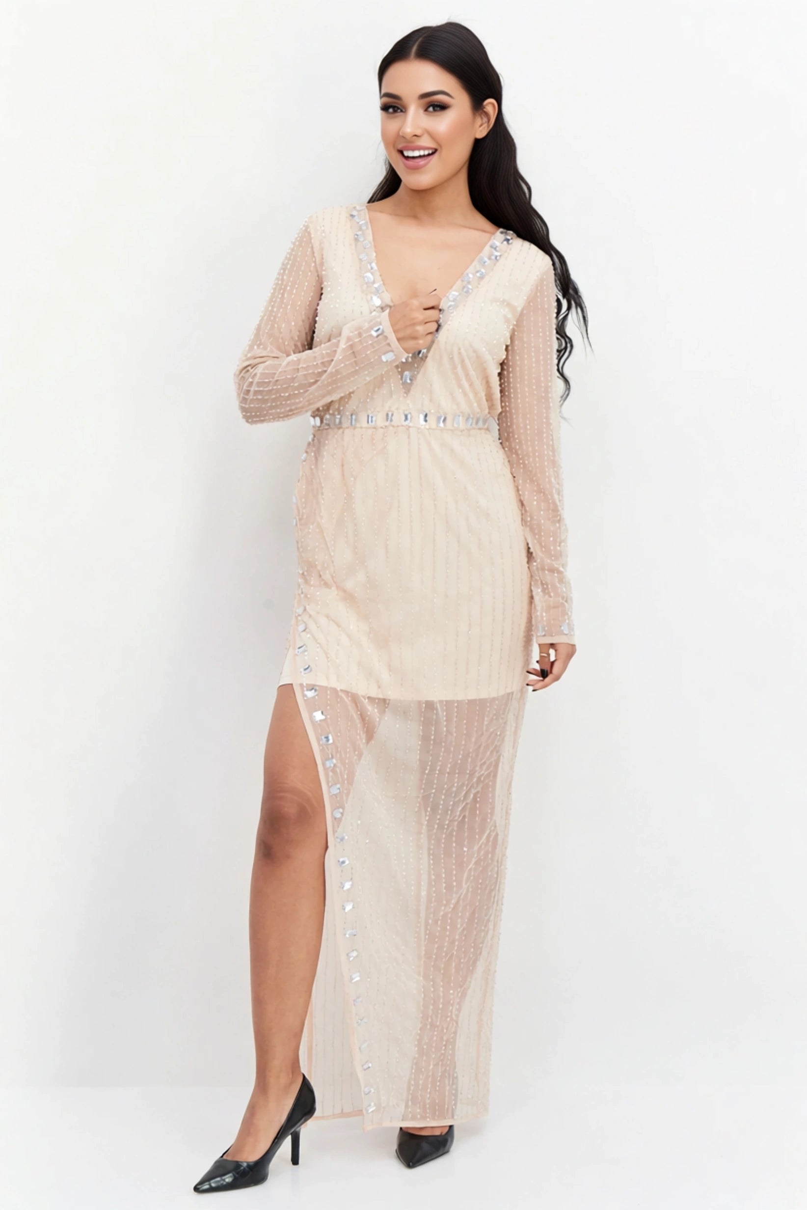 Starlet Women's Embellished Thigh Split Midaxi Dress in Champagne In Gold
