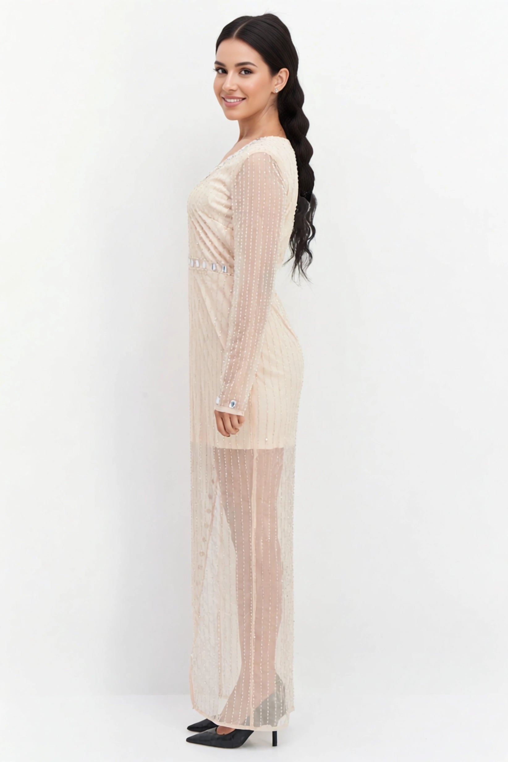 Starlet Women's Embellished Thigh Split Midaxi Dress in Champagne In Gold