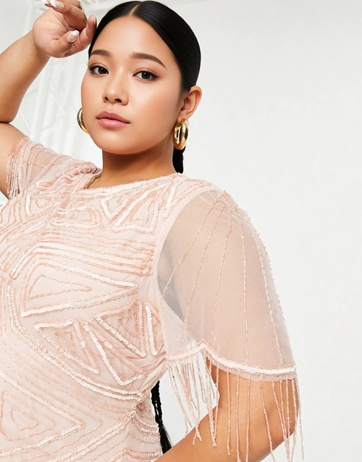 Womens Starlet Plus Cap Sleeve Fringe Sequin Mini Dress In Blush
